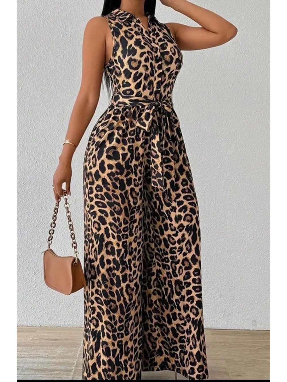 Leopard Print Sleeveless Wide Leg Jumpsuit